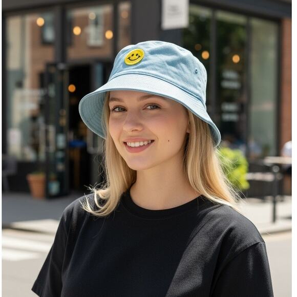 Smiley Patched Bucket Hat Unisex One Size Blue Smile Emoji Beach Hiking Casual - Picture 1 of 7